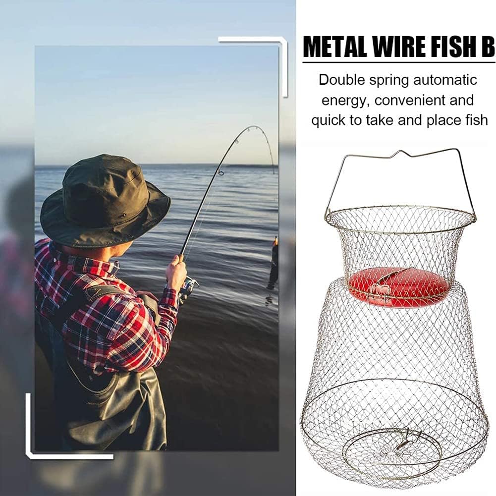 Kelendle Galvanised Steel Wire Fish Basket Collapsible Floating Net Cage Metal Mesh Fish Crab Trap Round Fishes Basket Fishing Keep Net Fishing Accessories Tool