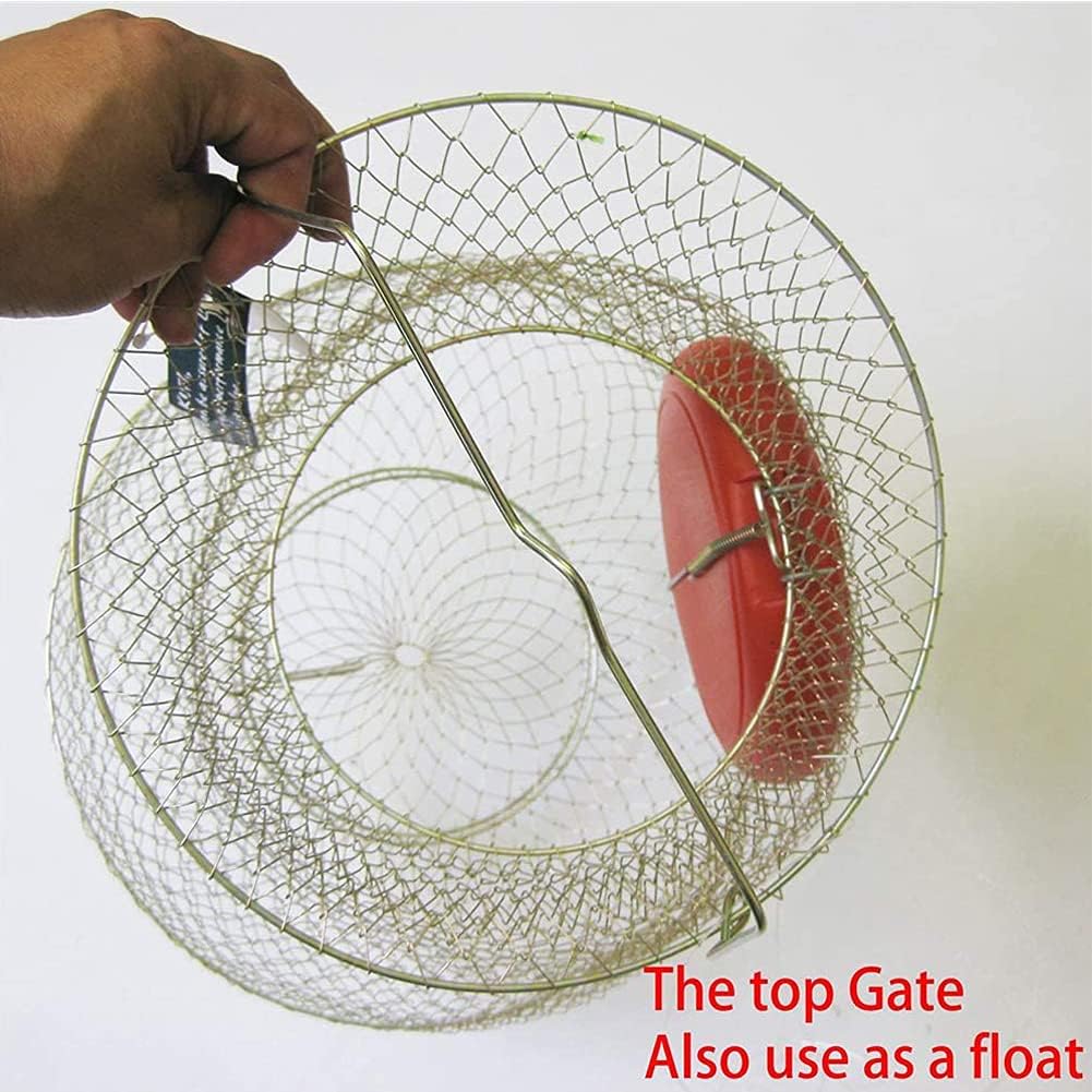 Kelendle Galvanised Steel Wire Fish Basket Collapsible Floating Net Cage Metal Mesh Fish Crab Trap Round Fishes Basket Fishing Keep Net Fishing Accessories Tool