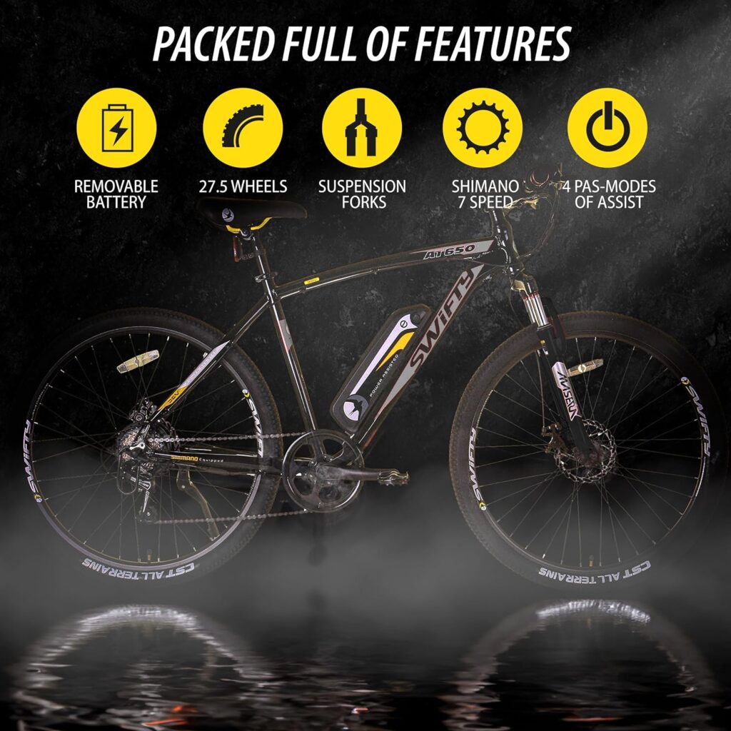 Swifty All Terrain Electric Bike Mountain Ebike - Perfektes Pendlerrad mit 7-Gang Shimano Schaltung und Scheibenbremsen