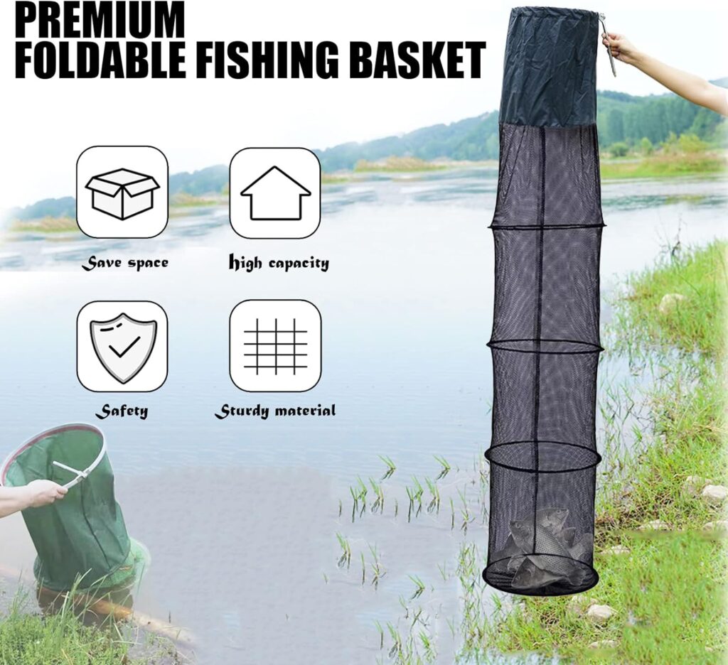 WEISGJA Foldable Fishing Basket, Portable Fish Net/Fish Cage, Net Fish Trap with Anchor Latch Fishing Bait Trap Net for Minnow Crab Shrimp Crabs Lobster