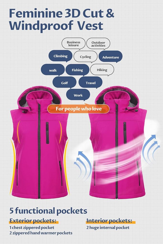 CREATMO US Womens Lightweight Softshell Vest Outerwear Windbreaker Sleeveless with Removable Hood