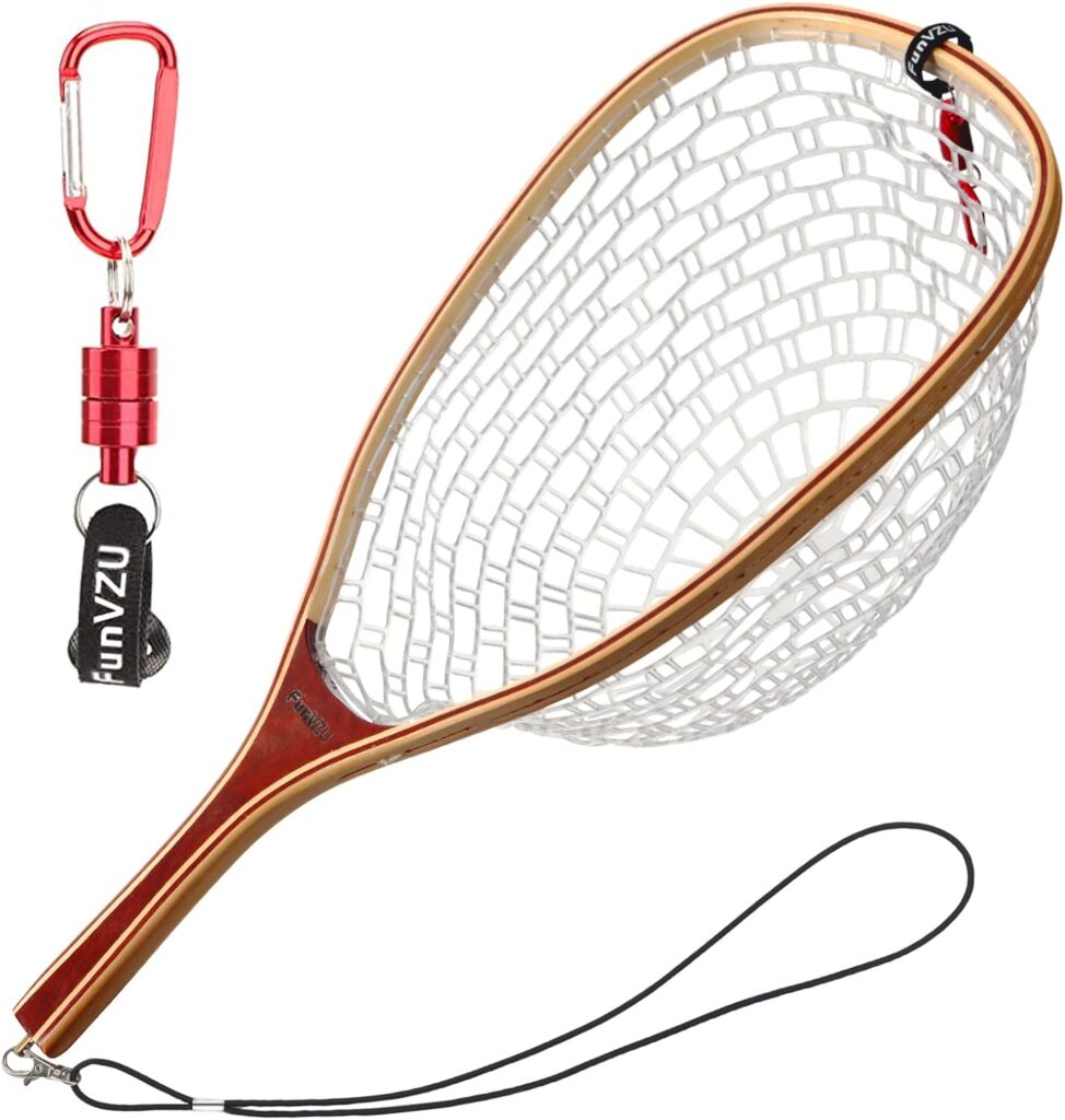 FunVZU Fly Fishing Net - Thoughtful Design, Fishing Landing Net Trout Landing Net with Knotless Soft Rubber Set, Magnetic Release for Trout Fishing, Catching and Release