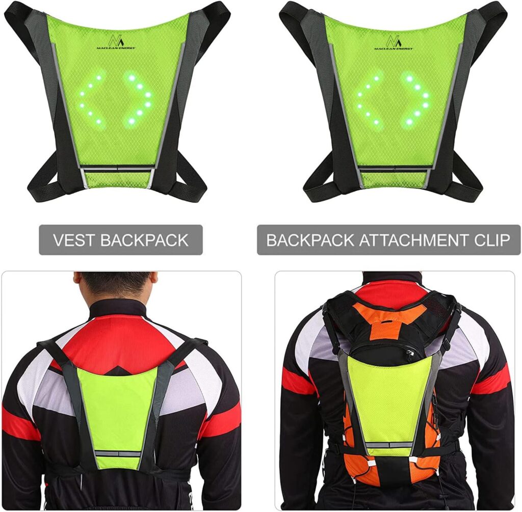 Maclean MCE420 Sicherheitswarnweste mit LED Blinker Rucksack mit Einstellbaren Richtungsanzeigern Fernbedienung Laufen Radfahren USB Wiederaufladbar Fahrradweste Universale Größe