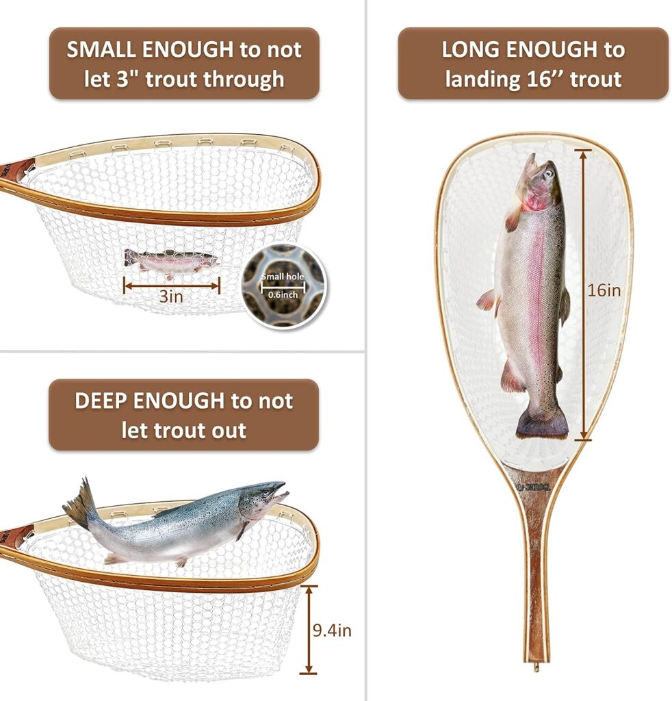 ONROCL Fly Fishing Net Trout Net with Magnetic Trigger and Rod Holder Wooden Frame Landing Net with Soft Rubber Mesh for Catching and Releasing (Clear Small Holes)