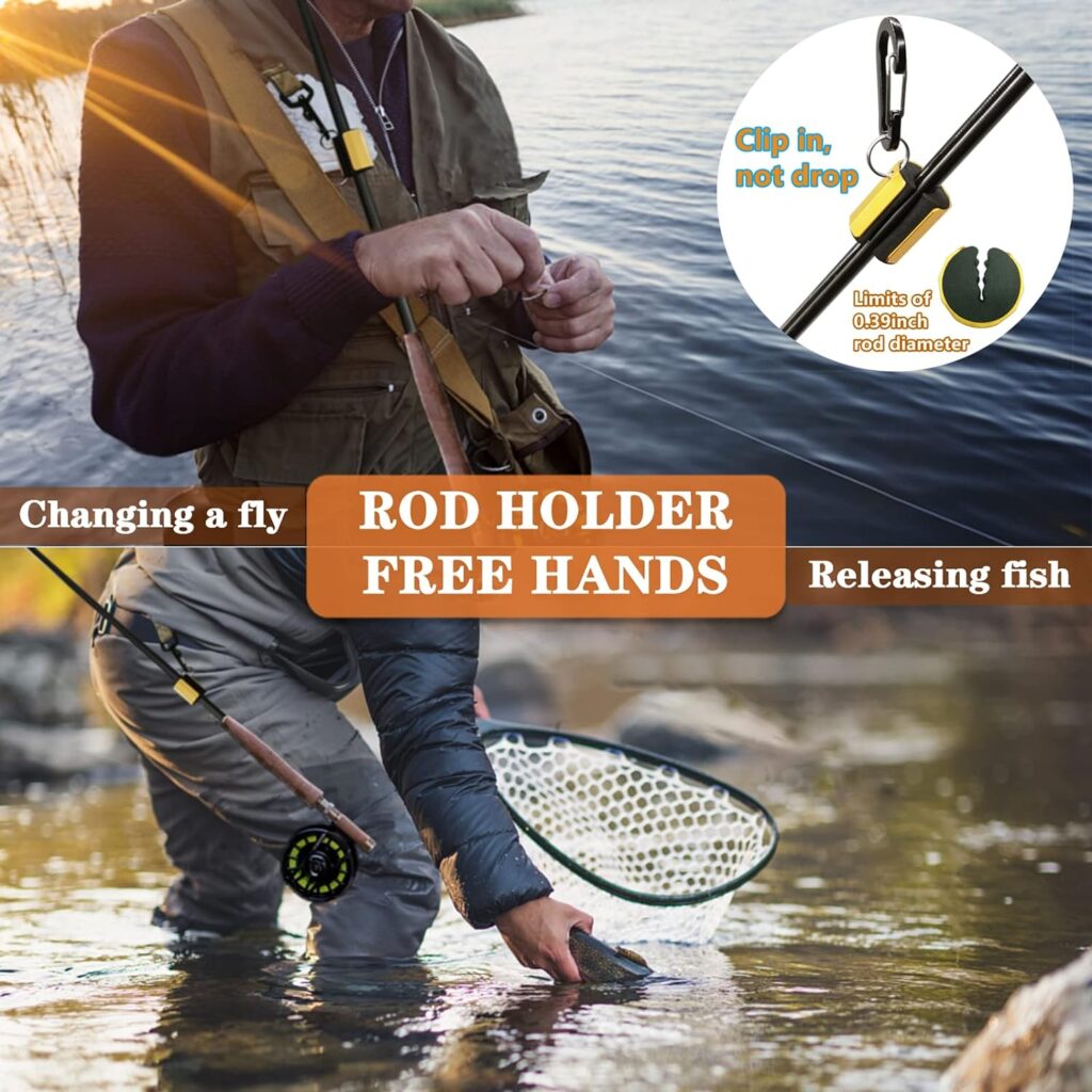 ONROCL Fly Fishing Net Trout Net with Magnetic Trigger and Rod Holder Wooden Frame Landing Net with Soft Rubber Mesh for Catching and Releasing (Clear Small Holes)