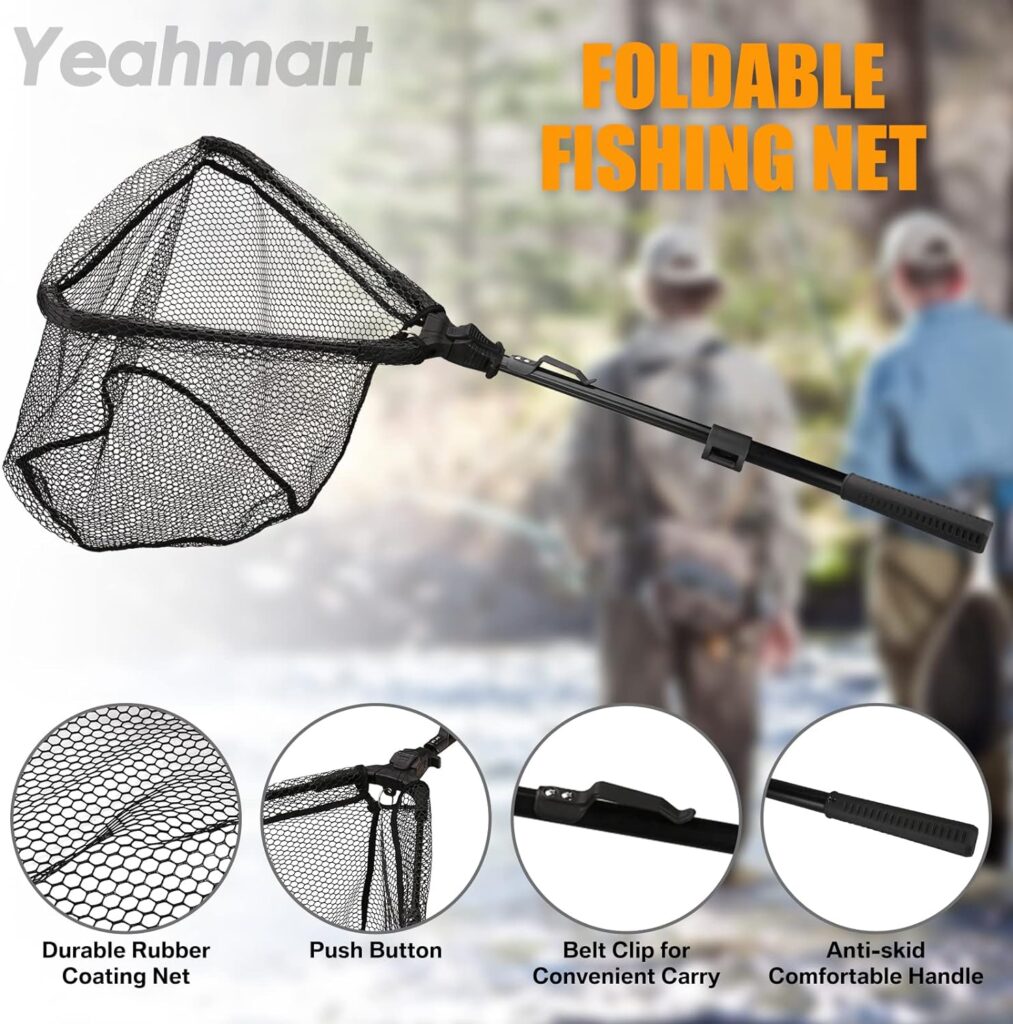 Yeahmart Telescopic Fishing Net Foldable Foldable Fishing Net with Durable Nylon Net, Easy to Catch and Remove Fish for Freshwater and Saltwater