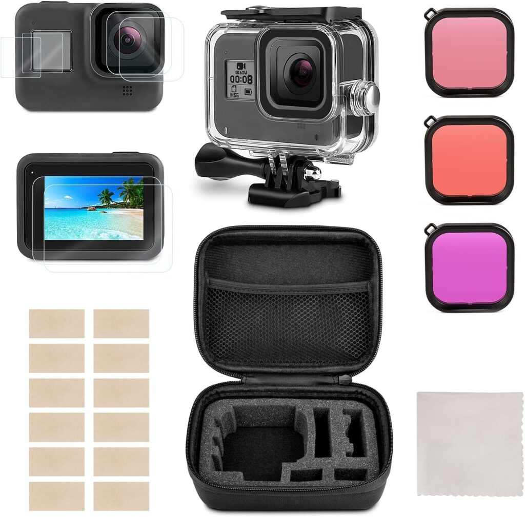 Waterproof Housing Accessory Kit Compatible with GoPro Hero 8 Bundle Includes Waterproof Housing + Tempered Glass Screen Protector + Carry Bag + Snorkel Filter + Anti-Fog Inserts