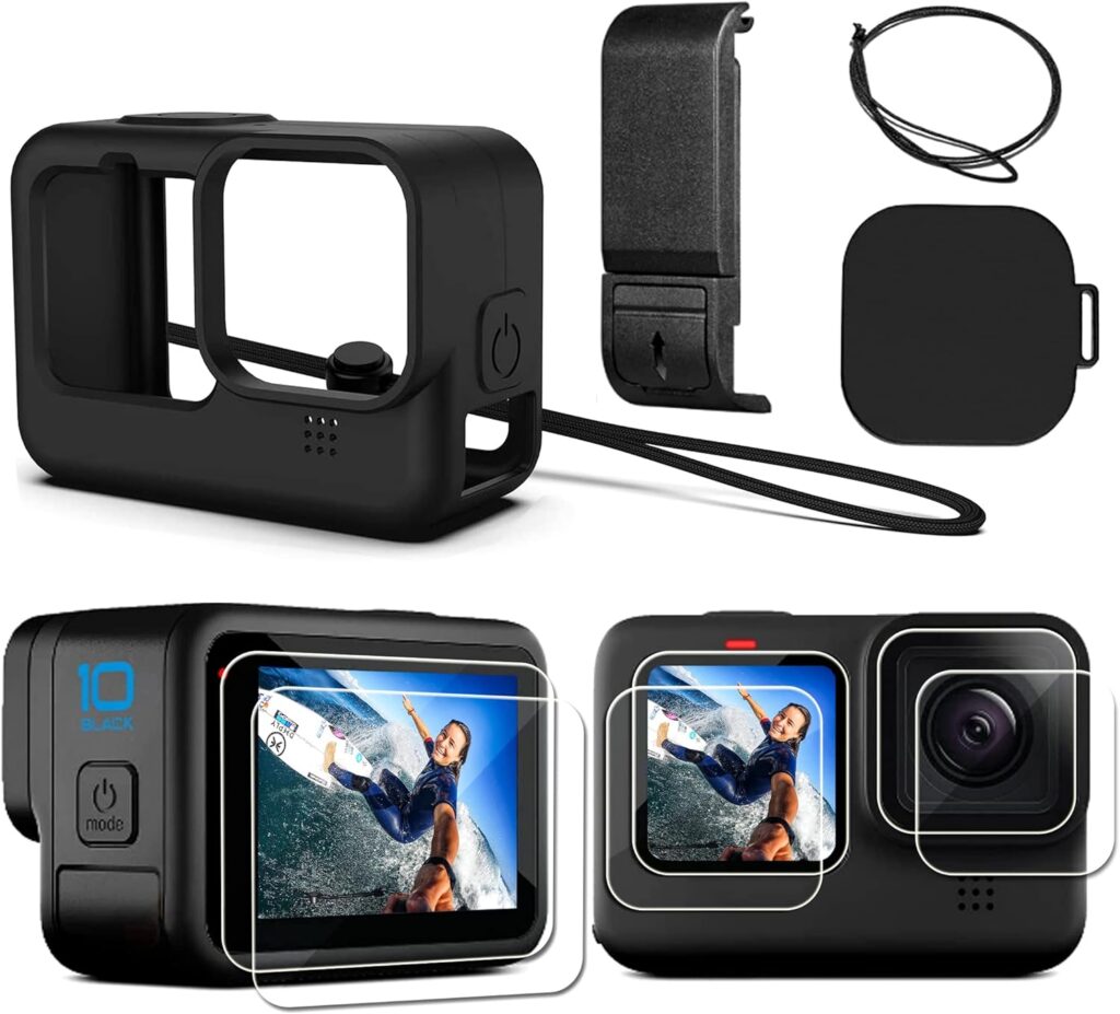 PCTC Hero 10 Silikon-Schutzhülle + 6 Displayschutzfolien aus gehärtetem Glas für Hero 10 Hero 9, Zubehör-Set für GoPro Hero 10 / Hero 9 Schwarz (Akku-Seitenabdeckung, Objektivdeckel und Schlüsselband)