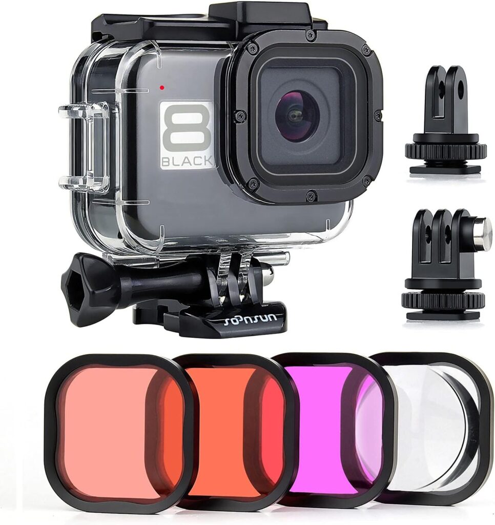 SOONSUN GoPro Hero 8 Black Waterproof Case with 4 Diving Filters - 60m Underwater Diving Housing, Built-in Dual Folding Shoe Slots with Red, Light Red, Magenta and 5 x Macro Filters
