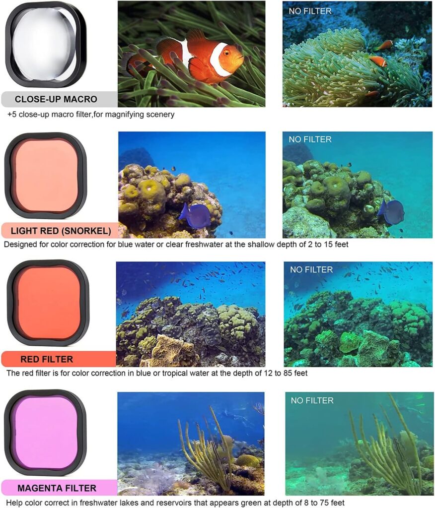 SOONSUN GoPro Hero 8 Black Waterproof Case with 4 Diving Filters - 60m Underwater Diving Housing, Built-in Dual Folding Shoe Slots with Red, Light Red, Magenta and 5 x Macro Filters