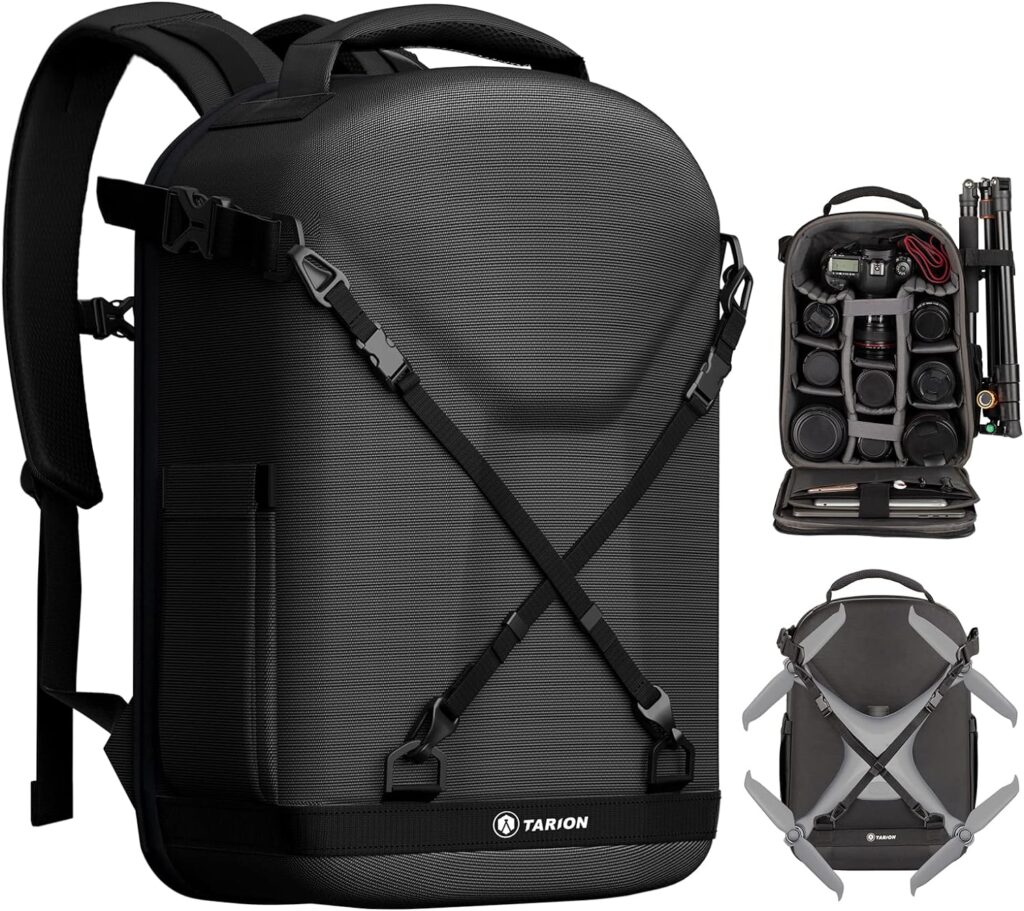 TARION Camera Backpack, Camera Backpack with Hard Case, Camera Bag with 14.5 Inch Laptop Compartment and Rain Cover, Backpack for Drones, DSLR Cameras, Accessories