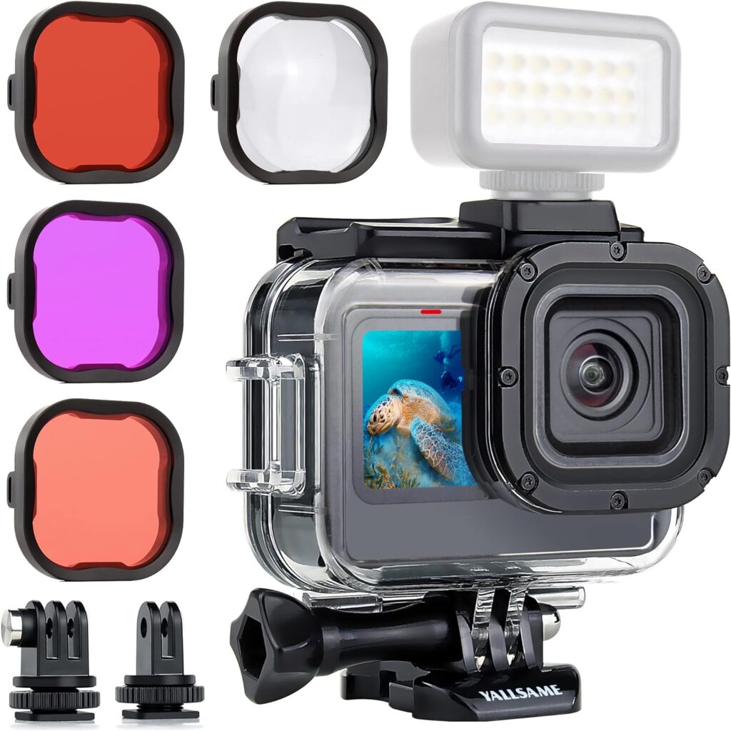 YALLSAME Waterproof Case for GoPro HERO 11 HERO 10 HERO 9 Black with 4 Filters  Expansion Adapters 60 ft Underwater Protection Housing for Go Pro 11 10 9 Diving, Snorkeling, Surfing