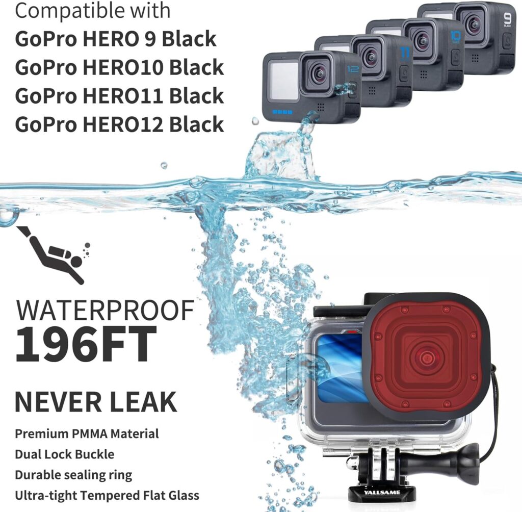 YALLSAME Waterproof Case for GoPro HERO 11 HERO 10 HERO 9 Black with 4 Filters  Expansion Adapters 60 ft Underwater Protection Housing for Go Pro 11 10 9 Diving, Snorkeling, Surfing