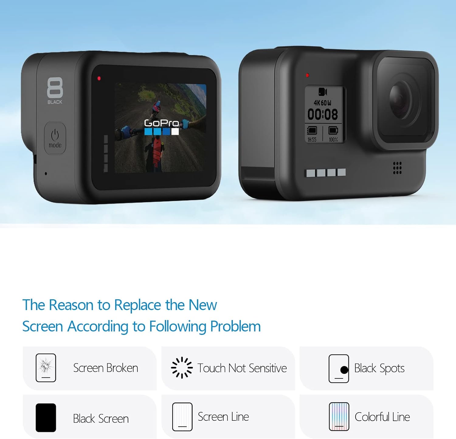Ywlrong udskiftning af lcd skaerm til gopro hero8 til go pro hero 8 actionkamera digitizer montage med vaerktojer anmeld
